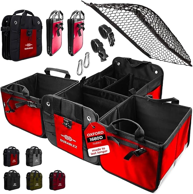 DURABLEZ XL Trunk Organizer 4-Section Modular System – Extra Large Car Cargo Storage, Foldable Multi-Compartment Bin for Groceries, Gear & Travel – High-Density Structure – Red