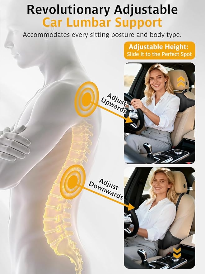 Adjustable Car Seat Lumbar Support Pillow Dual Straps Memory Foam Lower Back Waist Support Cushion with Convex Point Design Removable Cover for Vehicle SUVs Driving Travel Accessories Office Chair