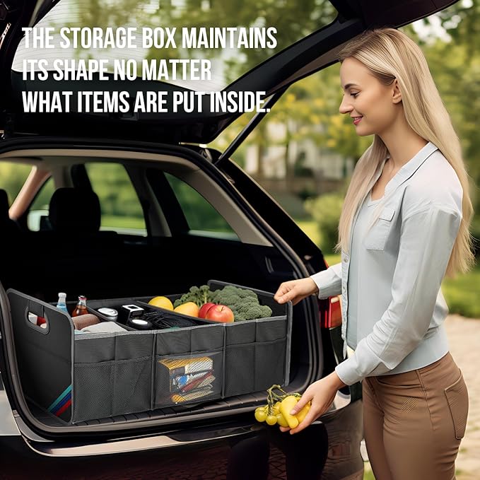 Junsungo XL Car Trunk Organizer, 4 Compartments, 94L Capacity, Oxford Polyester 600D Material, Easy Fold and Store, Prevents Sliding