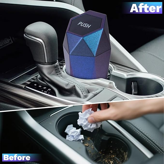 Car Trash Can, Car Trash Bin with Lid, Car Accessories for Women Interior, Car Garbage Can with Additional 2 ABS Hooks and 60pcs Trash Bags, Suitable for Home, Office, Car Organizer, Blue Purple