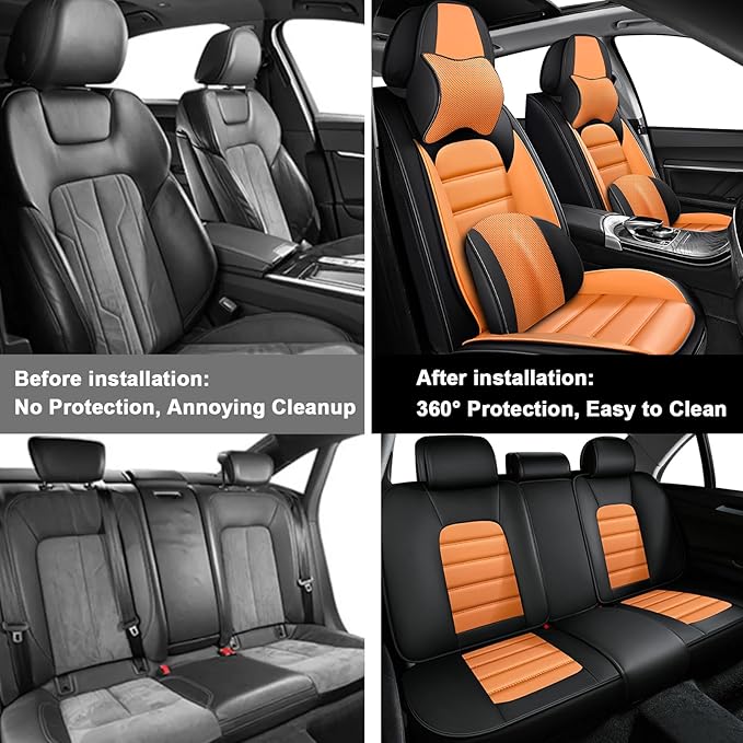 AREKA 5 Car Seat Covers for Subaru Crosstrek 2016-2026 Breathable Leather,Waterproof Cars Seat Protectors with Comfort Headrest Pillows,Automotive Vehicle Cushion with Storage Pockets (Luxury,Orange)