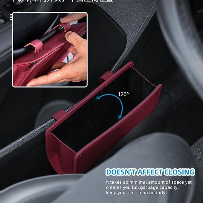 Car Trash Can, Universal Leather Cars Garbage Bin Organizer Holder with A Roll of Garbage Bag, Foldable Hanging Mini Automotive Storage Must Have Essentials Interior Accessories (Wine Red)
