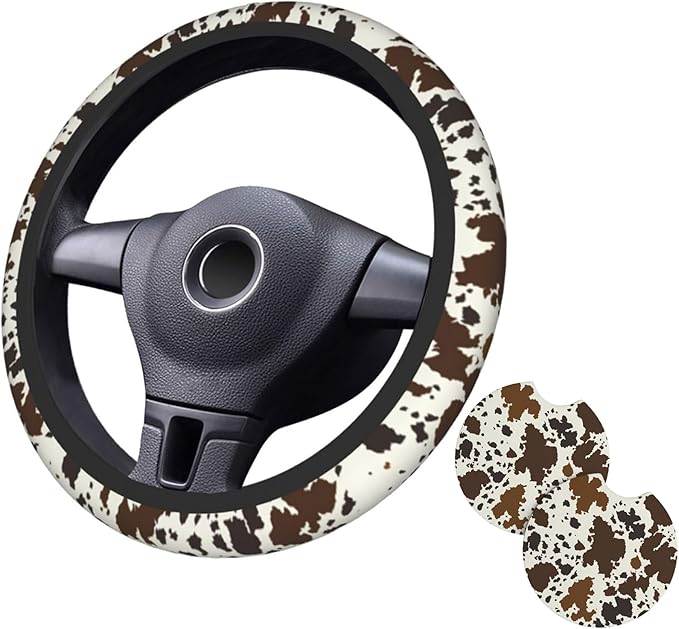 Brown Western Cow Print Steering Wheel Cover for Women Men with 2 Pcs Car Coasters, 15 Inches Neoprene Anti-Slip Cute Universal Car Accessories Protective Cover for Vehicle