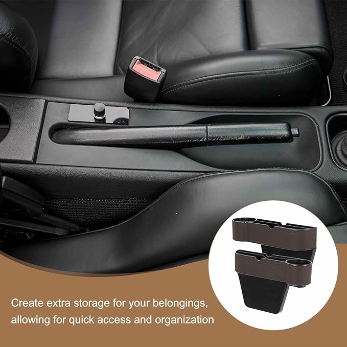 HARFINGTON 2pcs Car Seat Gap Filler Organizer 10.6 x 7.1 x 2.8 Inch ABS+Leather Universal Car Organizer Storage Box Between Seat and Console (Left+Right) with Cup Holders for Phone, Brown