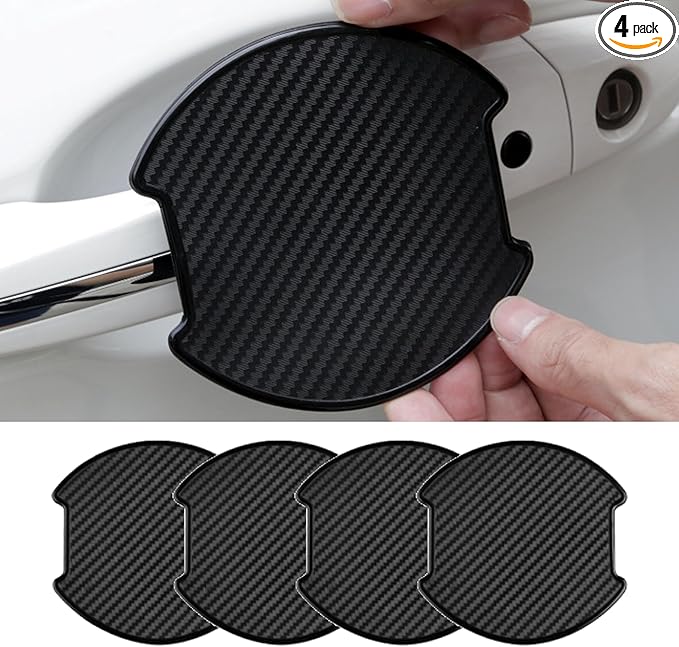 Tioollev 4PCS Car Door Handle Cup Scratch Protectors, TPU Carbon Fiber Door Bowl 3D Sticker, Handle Paint Cover Guard Pad, Universal Door Handle Protective Film for Most Cars (Large-Black)