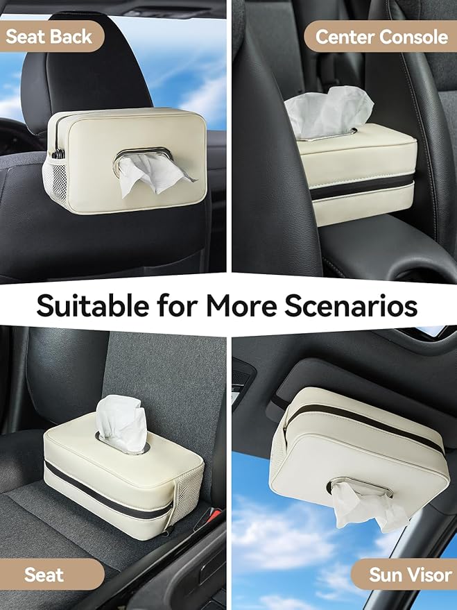Multi-Functional Car Tissue Holder with ‌2 Storage Nets, Upgraded PU Leather Tissue Box Cover, Large Rectangle Napkin Organizer, Fit for 100-150 Regular Size Tissues, Keep Car Tidy, Beige
