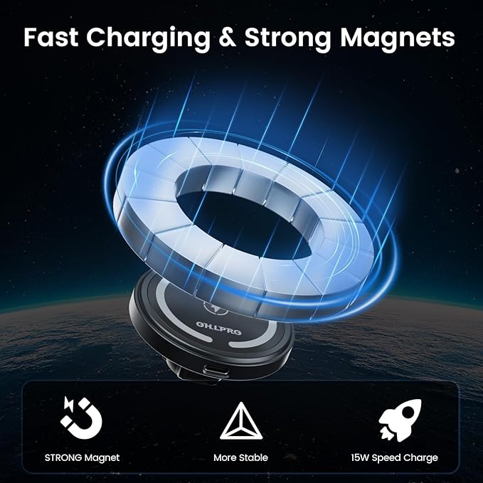 OHLPRO 15W Magsafe Car Mount Charger for iPhone 17, Fast Wireless Charging Magnetic CD Slot Holder with 3M Adhesive Base for Dashboard, Aluminum Shell, Compatible with iPhone 16/15/14 Pro Max, Black
