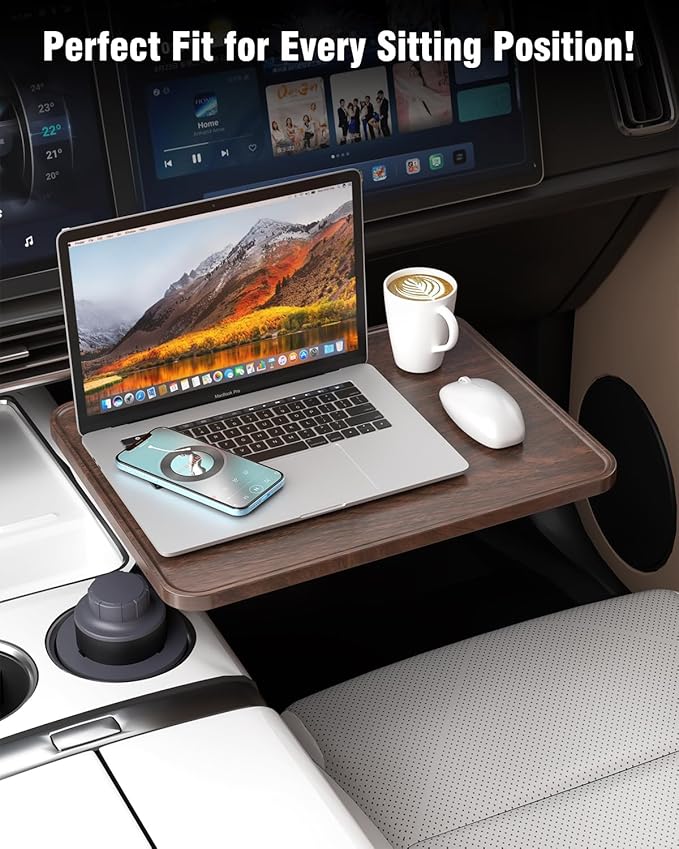 Car Tray Table & Car Laptop Desk with 360° Rotation & Phone Holder - Wooden Cup Holder Table, Car Laptop Mount & Food Tray Compatible with Tesla Model Y/3/S and Most Vehicles