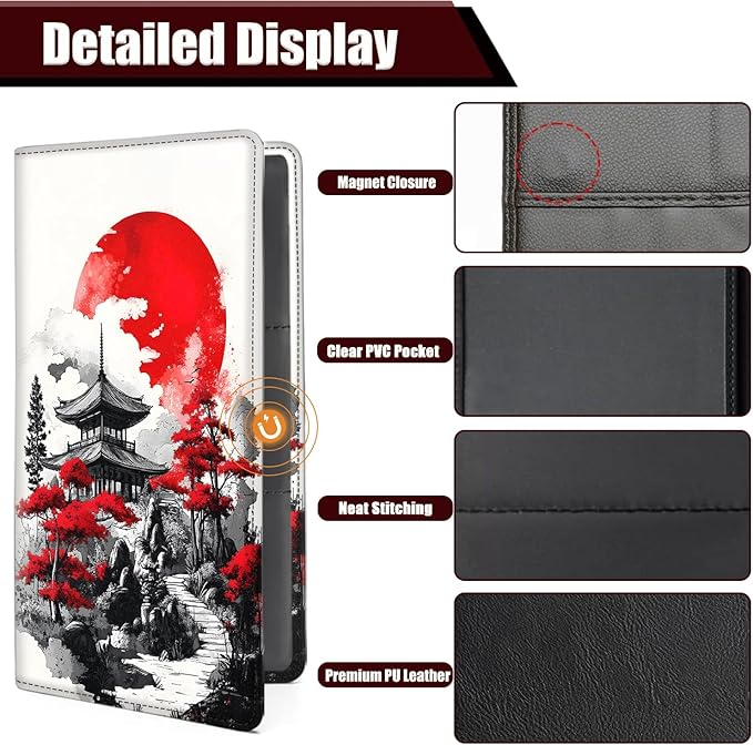 Car Document Holder with Magnetic Shut, Car Registration and Insurance Card Holder, Vehicle Glove Box Organizer Documents, Driver License, Auto Paperwork Organizer, Red Moon On Japanese Pagoda