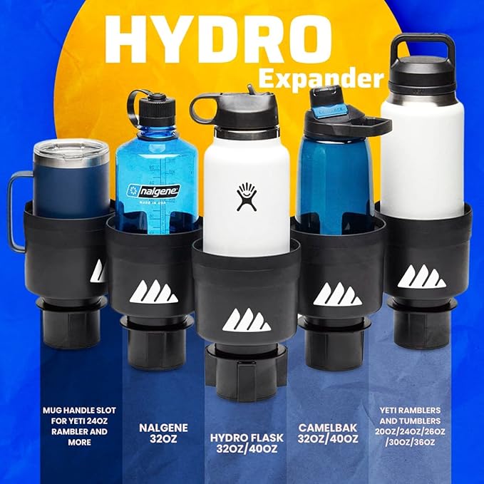 Integral Hydro Expander - Car Cup Holder Expander Organizer with Adjustable Base - Rubber Tabs Hold Most 32 - 40 oz Bottles and Large Cups