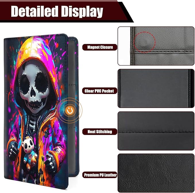 Car Registration Holder, PU Leather Vehicle Glove Box Organizer for Driver License, Document, Car Insurance Holder with Magnetic Shut, Auto Paperwork Wallet Case Accessories, Color Skull Boy