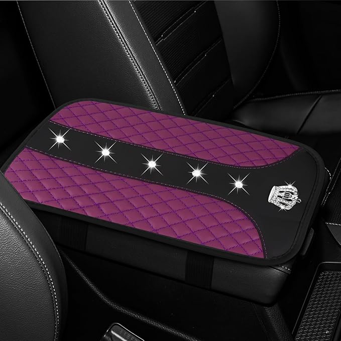 Bling Crown Car Center Console Cover, 12.7"×7.7" Armrest Cover for Cars, Waterproof Leather Arm Rest Box Pad Cushion, Universal Middle Console Cover Protector, Car Accessories (Purple)