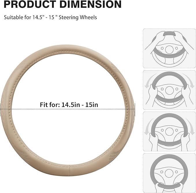 【2025 Model】 Breathable Soft Leather Car Steering Wheel Cover for Men Women, Non-Slip, Comfortable,Universal 15 inches Steering Wheels, Beige