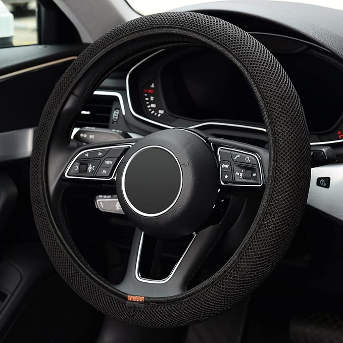 Elastic Stretch Steering Wheel Cover, Warm in Winter and Cool in Summer, Universal 15 inch Microfiber Breathable Ice Silk Anti Slip Car Interior Accessories, Odorless, Easy Carry, Black