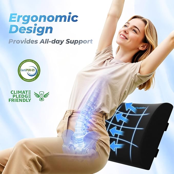 DailyCuddles Lumbar Support Pillow for Office Chair Back Support - Memory Foam Lumbar Pillow for Car or Gaming Chair, Ergonomic Back Cushion with Adjustable Strap for Long-Hour Sitting (Black,X-Large)