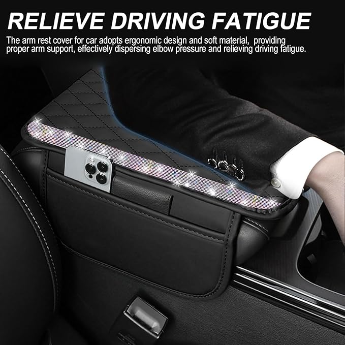 NBTEPEM Bling Car Center Console Cover, Leather Car Arm Rest Cover Cushion with 2 Storage Bags, Universal Auto Armrest Protector Storage Box, Bling Accessories Interior for Most Vehicles (Multicolor)