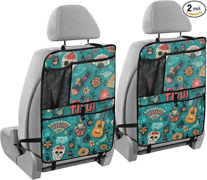 2 Pack Back Seat Car Organizer with Storage Pockets Kick Mats Back Seat Protector Hanging Car Organizer Automotive Seat Back Cover Organizers Fiesta Mexican Green Skulls Guitars Flowers