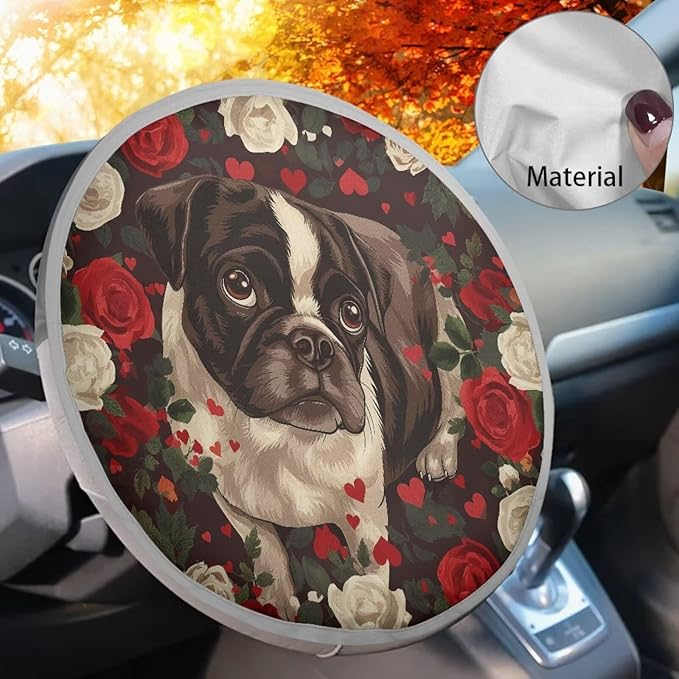 17x17 inch Steering Wheel Sun Shade Retro Pug Dog Love Pattern Universal Block UV Rays Car Rudder Visor Steering Wheels Accessories Universal Fit Car SUV Truck Van