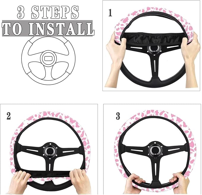 Universal Non-Slip Steering Wheel Cover, 15-inch Polyester Material Driving Accessories, Adjustable for Car and Truck(Pink White Cow Print)