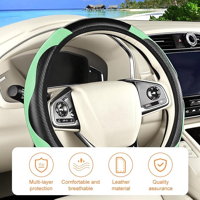 Carbon Fiber Car Steering Wheel Cover, 14.5-15 Inch Elastic Stretch Steering Wheel Guard, Sports Style Non-Slip Automotive Interior Accessories, Universal for Vehicles (Green)