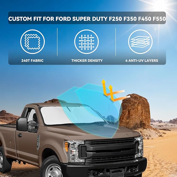 for Ford Super Duty F250 F350 F450 F550 2008-2016 Windshield Sun Shade - 4 Layers Car Sunshades for Front Windows Shade Cover Custom Fit Super Duty Sun Visor 240T Shade Blocks UV Rays Car Accessories