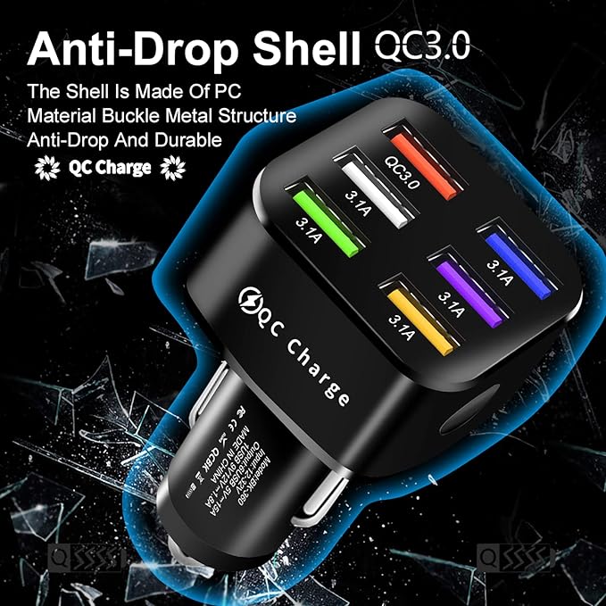 Amiss Car Charger Adapter, 6 USB Multi Port, Fast Charger, Include QC 3.0 and 5 Other Ports, Car Interior Accessories, Fit for iPhone 13/12/11/pro，Samsung Galaxy/Note S10/S9/S8 - Bright Black