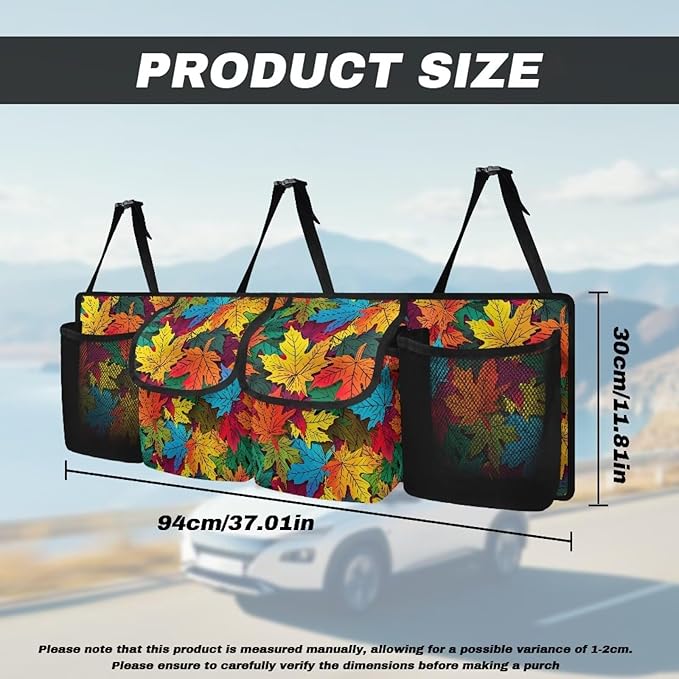 Car Trunk Organizer & Backseat Hanging Organizer with 2 Large Storage Bag & 2 Mesh Pockets,Trunk and Backseat Storage Bag for SUVs & RVs,37.01x11.81 inch,Colorful Autumn Maple Leaf