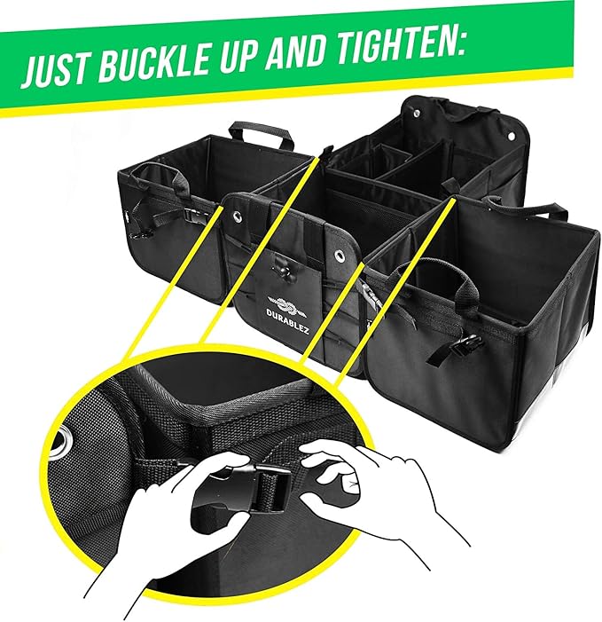 DURABLEZ Trunk Organizer 4-Section XL Modular Car Storage System – Extra Large Cargo Organizer for Car Trunk, Foldable Multi-Compartment Auto Organizer, Heavy Duty 1680D Oxford – Black