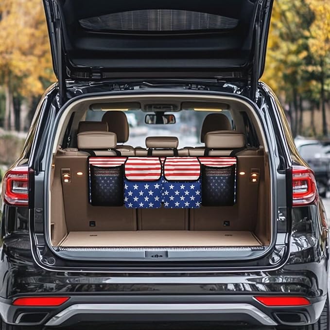 American Flag Car Trunk Organizer, Backseat Hanging Large Storage with Adjustable Straps & 4 Pockets, Waterproof Collapsible Cargo Bag, Car Interior Accessories for SUV, Truck, Van