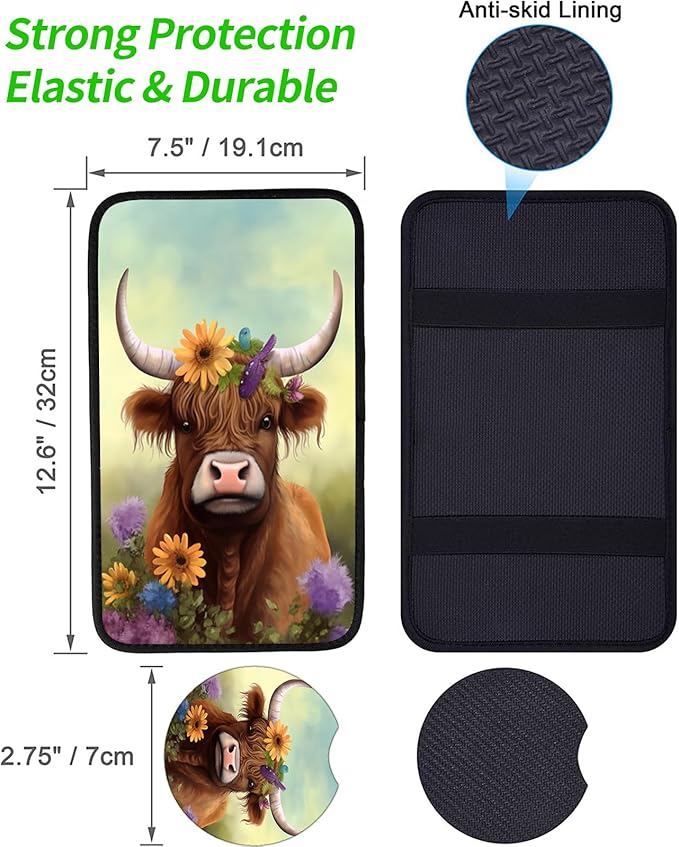 JANENFNA Car Armrest Cover Pads Universal Fashion Cute Auto Center Console Armrest Cover Pad with 2PCS Car Coasters Soft Waterproof Car Armrest Seat Protector for Women,Flowers Cow
