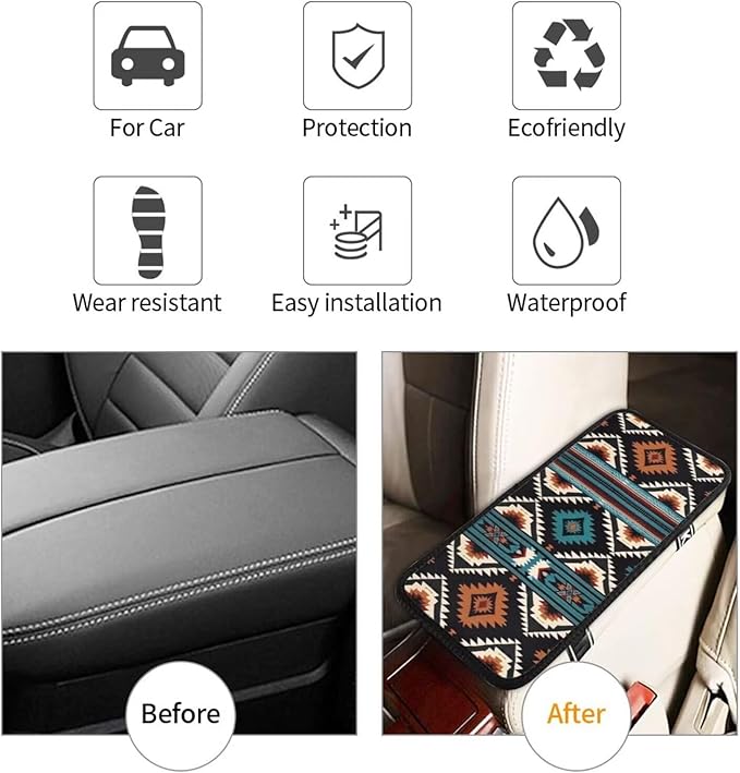 Aztec Car Center Console Pad Boho Native American Armrest Cover Cushion Southwestern Western Auto Interior Accessories Turquoise Blue Anti-Scratch Armrest Seat Box Lid Covers