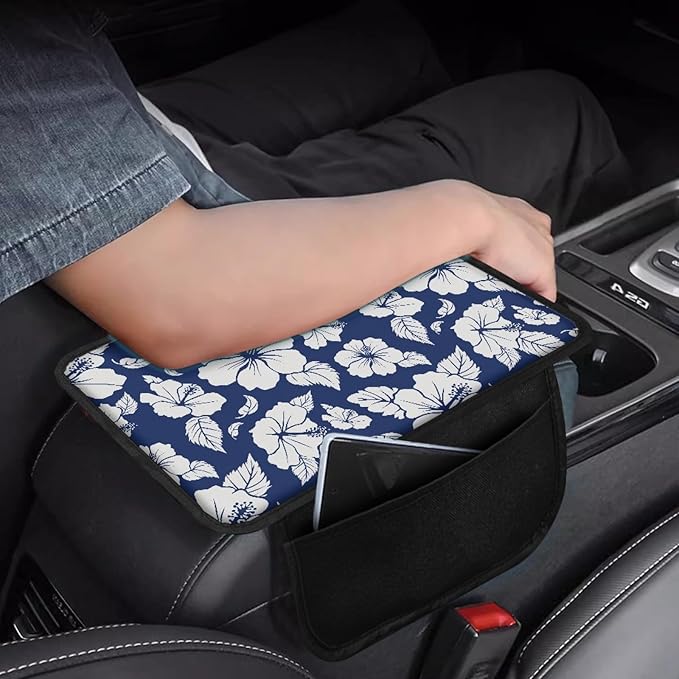 CLOHOMIN Blue Hibiscus Car Center Console Armrest Pad with 2 Pockets Fashion Auto Armrest Pad for Truck SUV Car Interior Decor Accessories Automobile Center Console Cushion Pad
