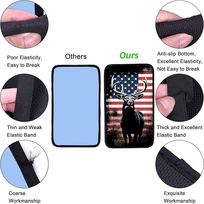 JANENFNA Car Armrest Cover Pads Universal Fashion Cute Auto Center Console Armrest Cover Pad with 2PCS Car Coasters Soft Waterproof Car Armrest Seat Protector for Women,Patriotic Deer Design