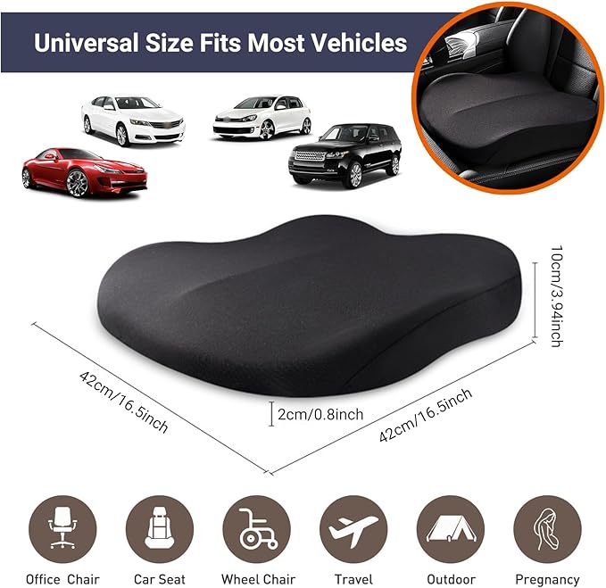Car Seat Cushions for Driving, Comfort Memory Foam Wedge Driver Seat Cushion, Adult Booster Cushion, Adult Booster Seat for Car, Height 3.9 inch, for Car, Truck, Long Trips,Black