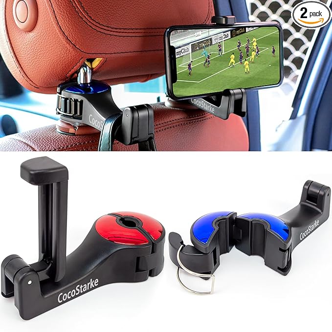 2 in 1 car headrest Hidden Hook with Cell Phone Holder Car Back Seat Hook Universal for Purses and Bags 360° Rotation Adjustable Hanger Rear Hook for Car Seats Silve (red &Blue)