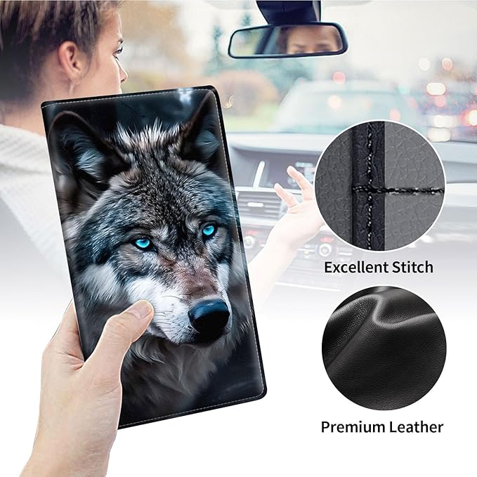 Qindaiwen Car Registration and Insurance Holder, Vehicle Card Document Elastic Band Closure Glove Box Organizer, Driver License Cards, Car Accessories for Essential Info, Grey Wolf 04