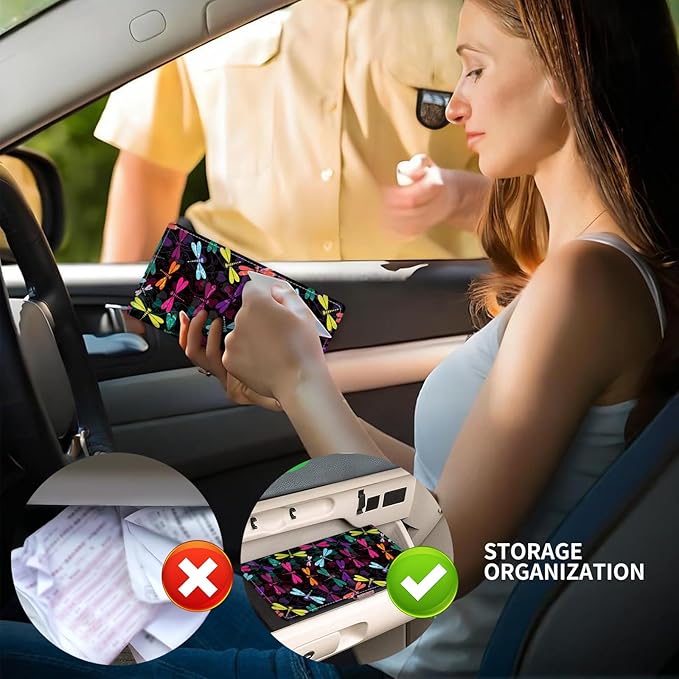 ADUQLZUX Leather Car Registration and Insurance Card Holder, Cute Car Accessories Vehicle Glove Box Car Organizer for Documents, Cards, License Colorful Dragonfly