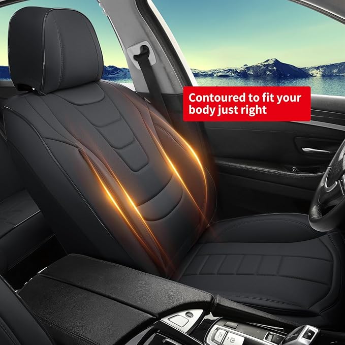Car Seat Covers for Front Seats – Waterproof & Breathable Faux Nappa Leather, 360° Full Wrap Design, Airbag Compatible, Lumbar Support, Perfect for Drivers With Back Pain From Sitting Too Long – Black