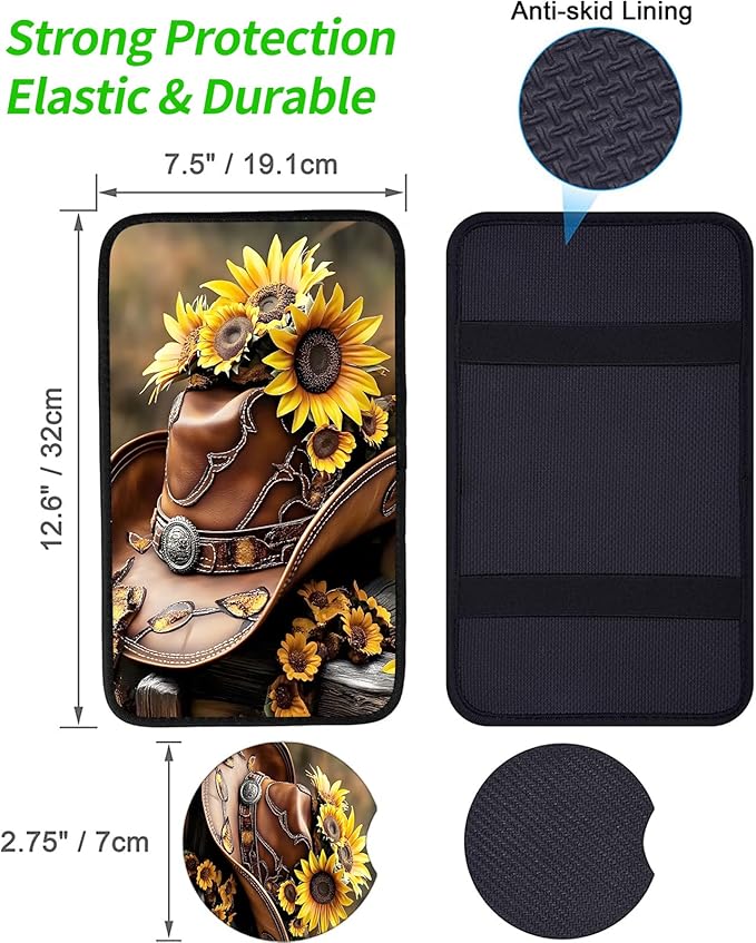 JANENFNA Car Armrest Cover Pads Universal Fashion Cute Auto Center Console Armrest Cover Pad with 2PCS Car Coasters Soft Waterproof Car Armrest Seat Protector for Women,Cowboy Hat Sunflowers-A