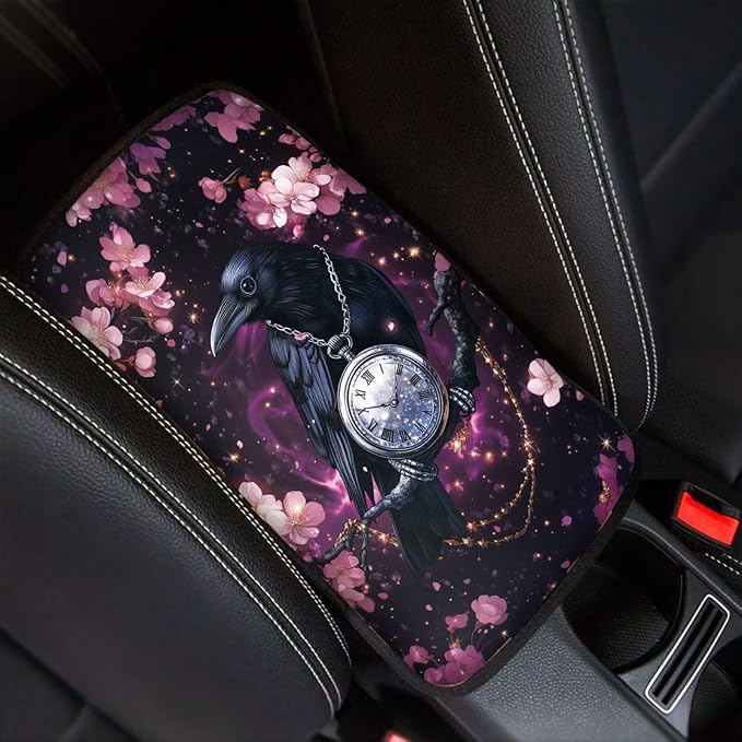 Raven Clock Print Armrest Cover Pad for Car Cherry Blossom Print Car Armrest Box Protector Pad Universal Fits for Sedan Truck SUV, Easy to Install Auto Decor for Women Men