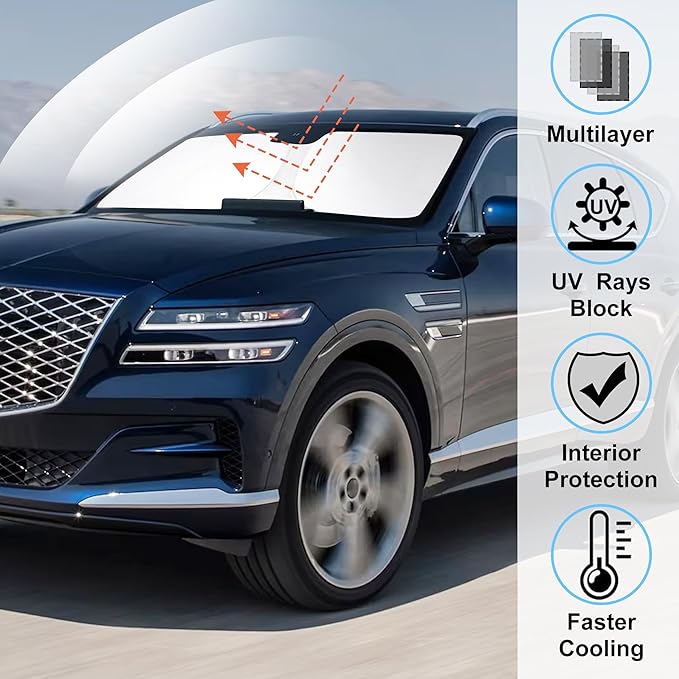 Windshield Sun Shade Custom Fit for 2021 2022 2023 2024 2025 Genesis GV80 Accessories Foldable Sunshade Sun Blocker Protect Car from Sun Rays & Heat Damage Keep Car Cooler