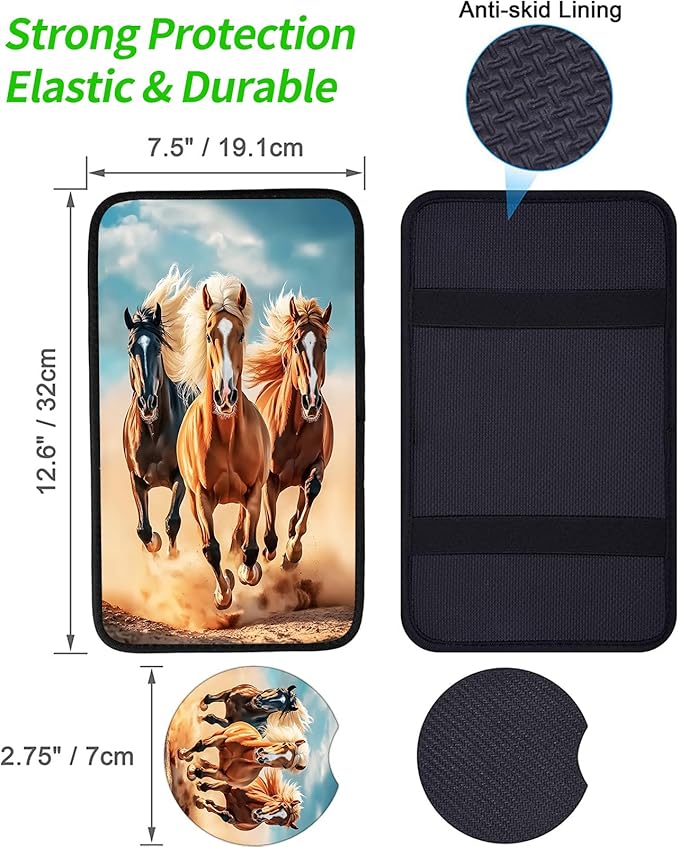 JANENFNA Car Armrest Cover Pads Universal Fashion Cute Auto Center Console Armrest Cover Pad with 2PCS Car Coasters Soft Waterproof Car Armrest Seat Protector for Women,Free Wild Horses Running