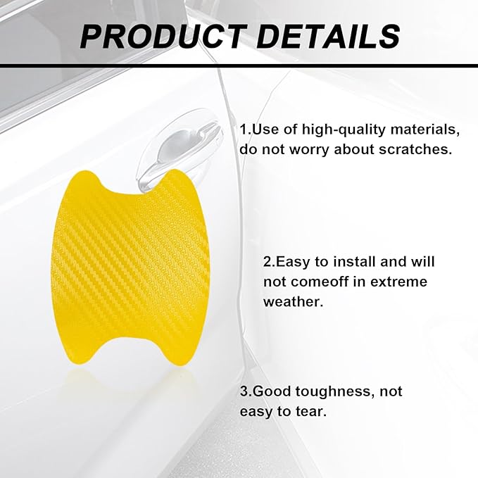 Kewucn 4PCS Car Door Handle Sticker, Carbon Fiber Auto Door Side Handle Protective Films, Anti-Scratch Vehicle Door Cup Protector, Universal Exterior Accessories for Most Cars (Yellow)