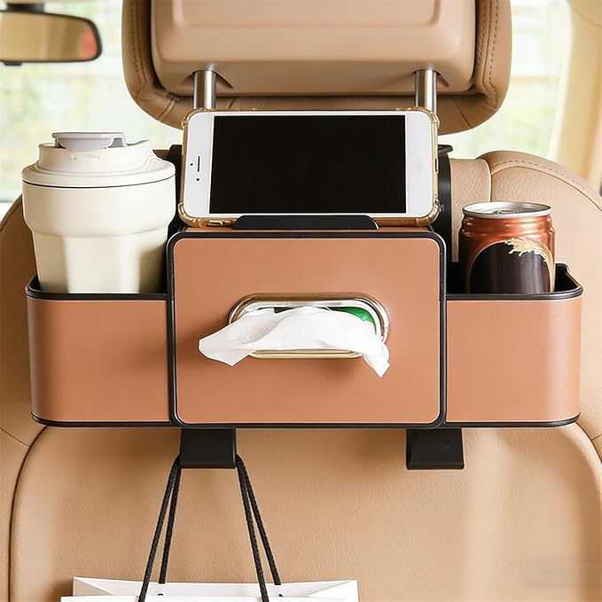 Multifunctional Car Organizers and Storage Box, 2026 New Backseat Car Organizer with Cup Holder, Tissue Box, Trash Bin & Hooks for Hold Phones, Snacks, Drinks, Handbags (Brown)