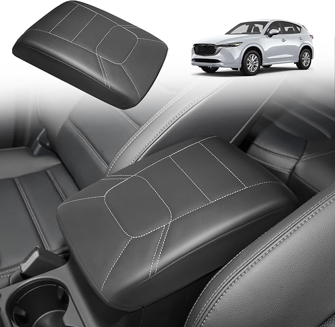 Muslogy Armrest Pad Center Console Cover Compatible with Mazda CX-5 2025 2024 2023-2017 CX5 Accessories Middle Console Cover Cushion Vegan Leather Armrest Lid Protector (Black/Whtie Stitching)