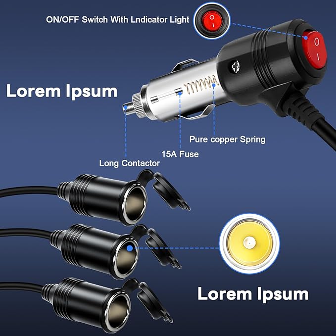 Cigarette Lighter Splitter ， 12v Splitter,Dual Cigarette Lighter adapters for Cars,12V Cigarette Lighter Plug with on/Off Switch, Overload Protection & Extension Cord 15A Fuses (3 Ports)