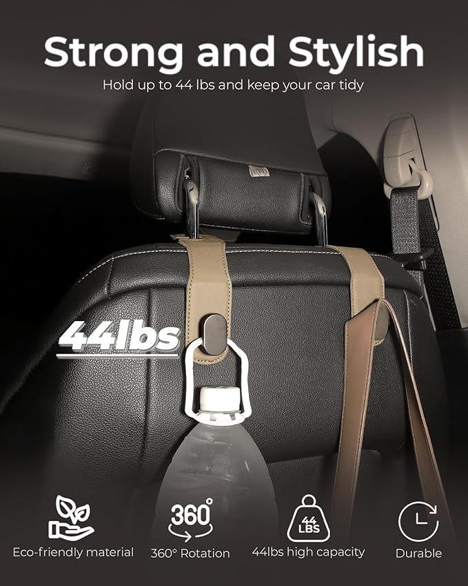 Car Headrest Hook, 2 Pack Car Seat Hooks, PU Leather & Stainless Steel Car Seat Organizer for Purses & Bags, Supports Up to 44 lbs Black