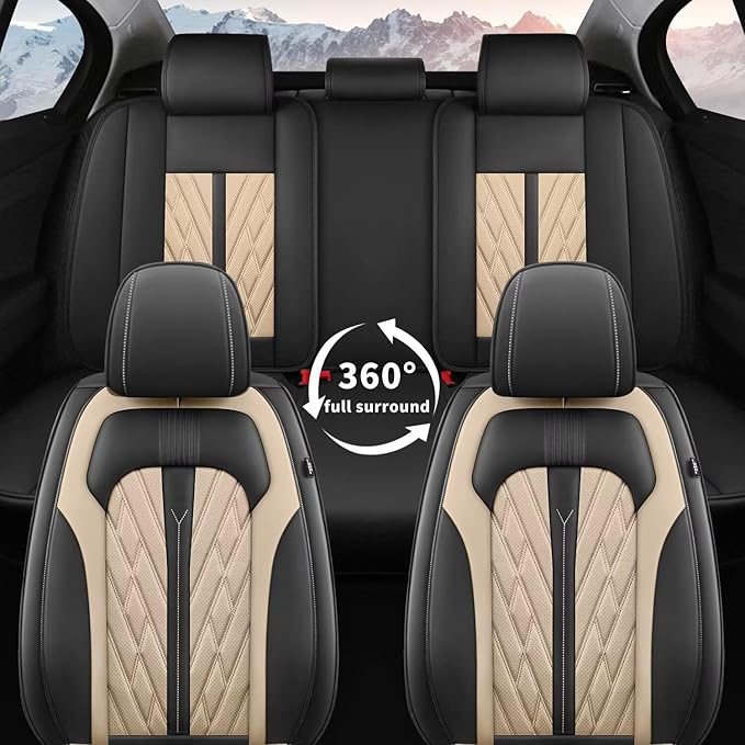 Seat Covers for Car Full Set Fit For Ford Fiesta 2011-2019, Leather Seat Covers Breathable Waterproof Seat Protectors Automotive Seat Cushion with Airbag Compatible (5 Seats, Black&Beige)