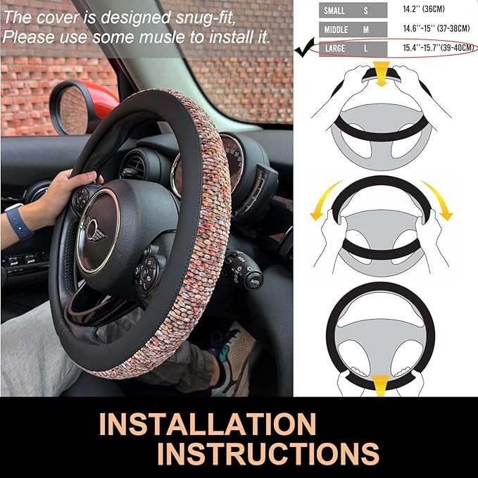PINCTROT Large Size Chenille Leather Steering Wheel Cover, Soft Mottled Colors, Sweat-Proof, Non-Slip Grip, All-Season Comfort, 15.5-15.75 Inch(Mottled Red)