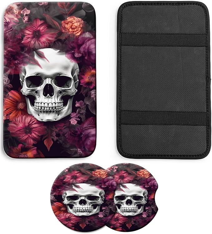 JANENFNA Car Armrest Cover Pads Universal Fashion Cute Auto Center Console Armrest Cover Pad with 2PCS Car Coasters Soft Waterproof Car Armrest Seat Protector for Women,Skull Red Flowers
